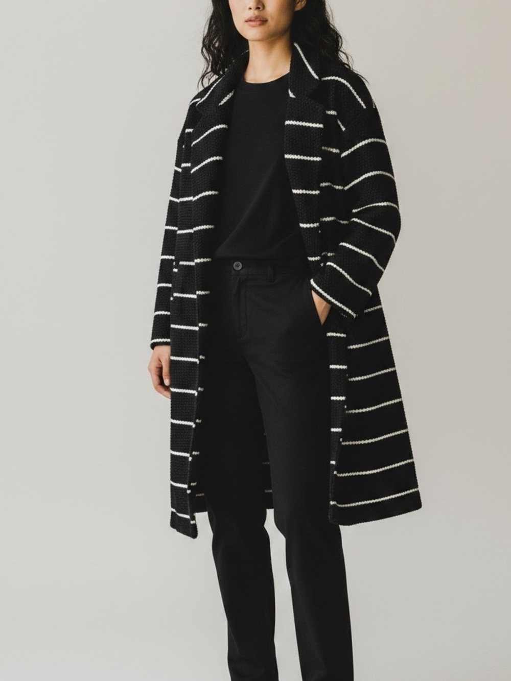 Marine Layer Black Stripe Chunky Knit Open Front Sweater Coat Size Large